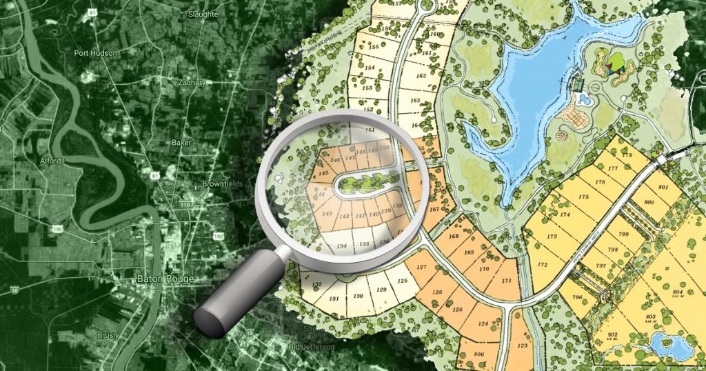 Magnifying glass over a blended map showing satellite imagery and a planned subdivision layout, representing land selection for a custom home
