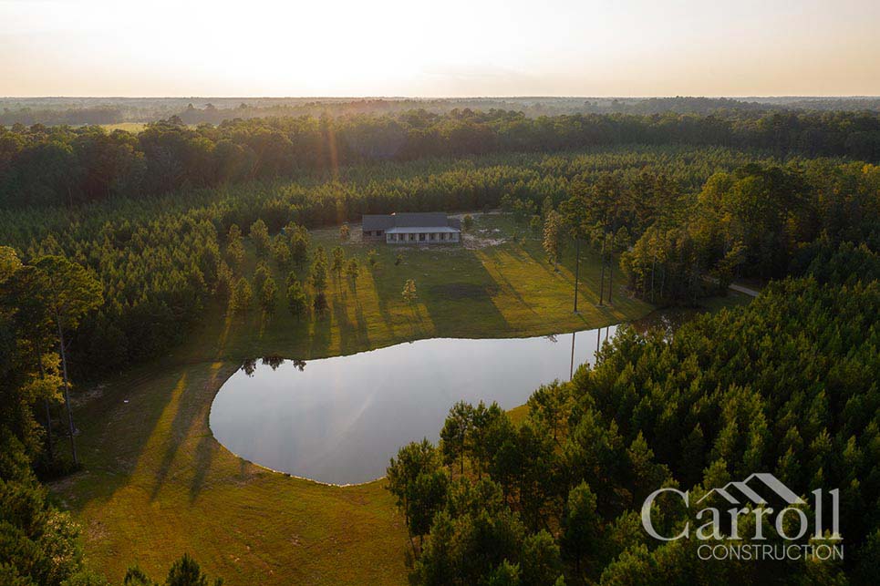 Aerial photo of a home built by Carroll Construction on a client's land in East Feliciana.