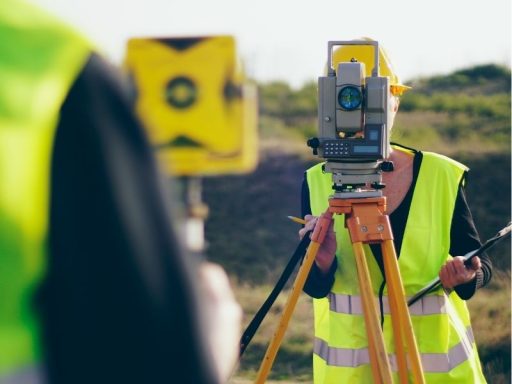 Surveyor using total station to measure elevation for feasibility planning on new construction site