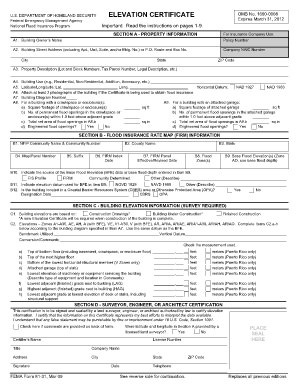 Sample FEMA form used in flood zone construction planning and insurance qualification FEMA Elevation Certificate form used to determine flood risk for new construction