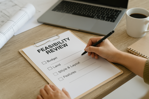 Feasibility Review checklist on a clipboard with checkboxes for Budget, Land, Style & Layout, and Features beside a laptop and coffee cup.