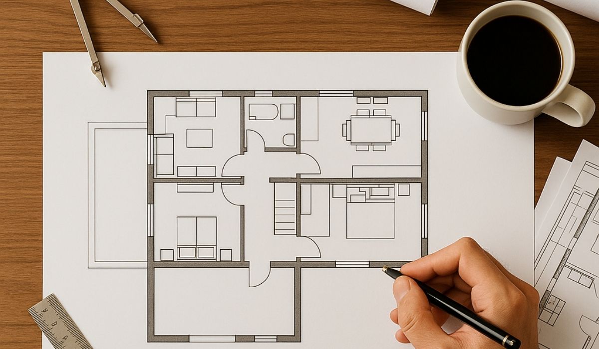 Drawing a house plan with architectural tools on a wooden desk Overhead view of hands drawing a house plan with tools, coffee, and natural light