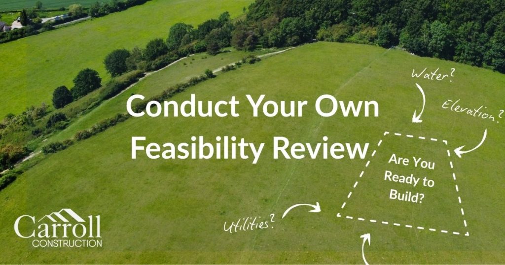 Aerial view of a grassy rural lot with overlay text asking “Is Your Land Build-Ready?”, a checklist icon, and labeled site prep elements like water, utilities, and elevation.