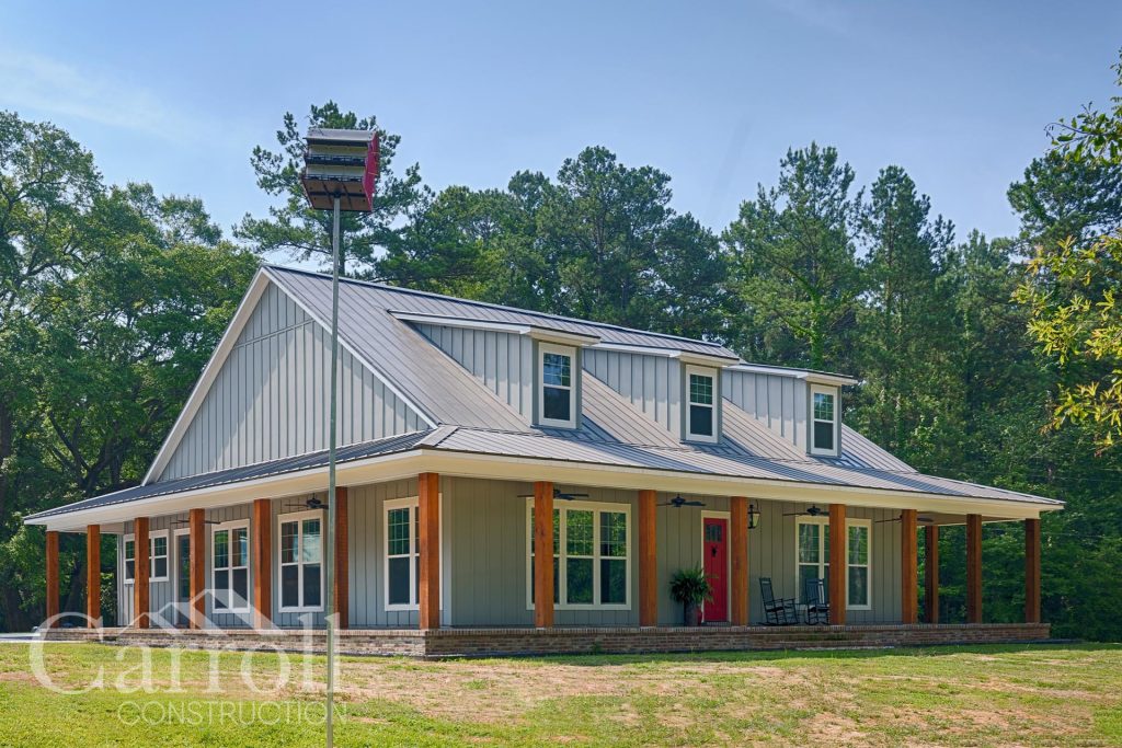 Front Elevation Custom home in East Feliciana by Carroll Construction for the Furnish Family. Acadian Farmhouse.