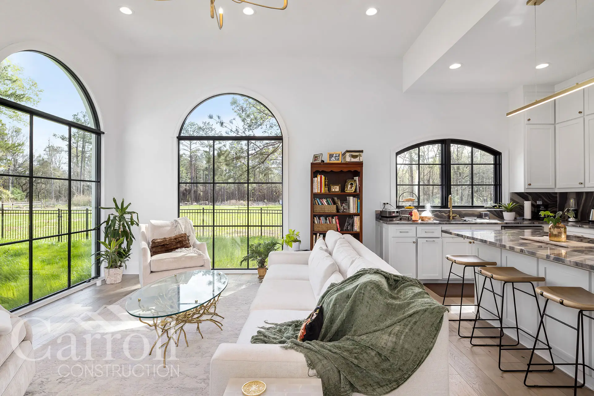 Open-concept living and kitchen area with slimline windows and natural light in a modern mother-in-law suite