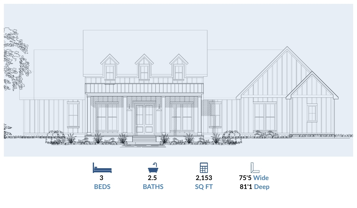 The Gilead - Farmhouse elevation - 2,153 SF - Carroll Construction Gilead Farmhouse elevation - vertical board and batten siding, square footage 2153 square feet - Carroll Construction