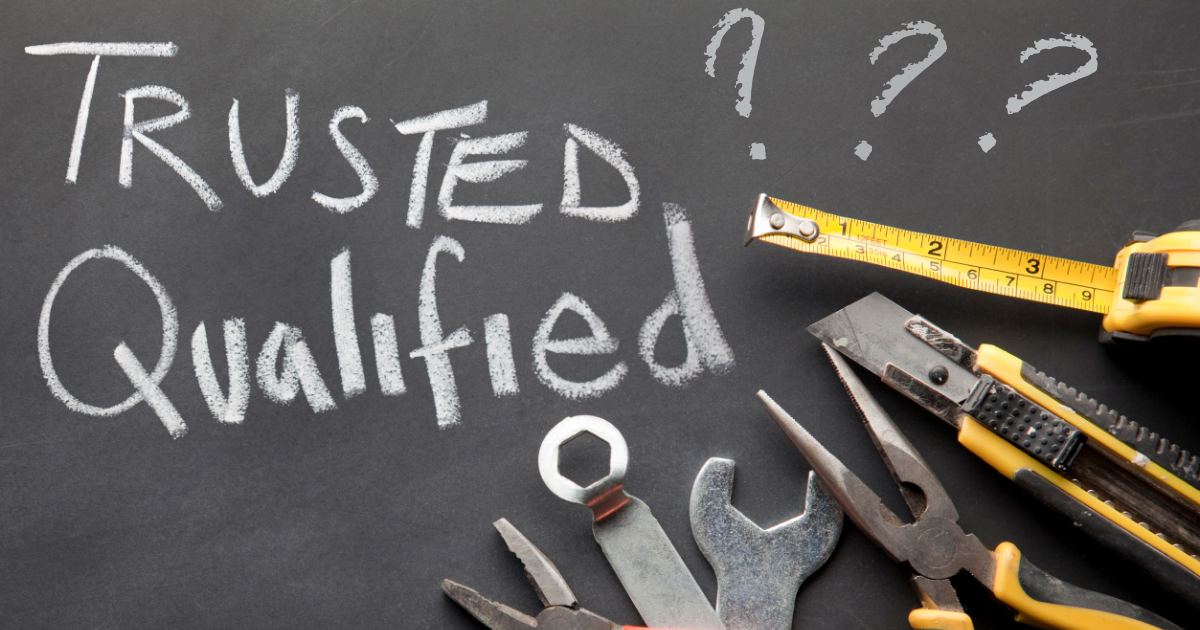 Trusted and qualified builder concept with construction tools and question marks