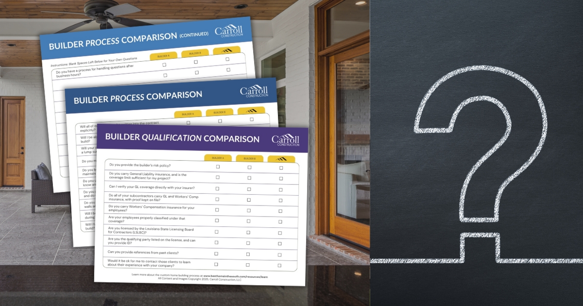 Free Builder Questionnaire Main Image (1200 x 630 px) (1) Stacked preview pages from Carroll Construction’s free builder questionnaire, including builder process and qualification comparison checklists.