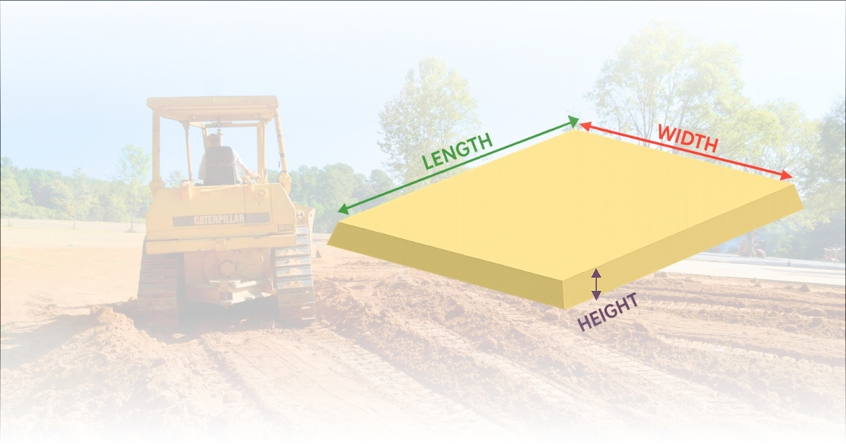 V2 Dirt Work Calculator Main Image (1200 x 630 px) Free Dirt Work Calculator featured image showing a house pad diagram labeled length, width, and height over a background of a bulldozer preparing a dirt site.